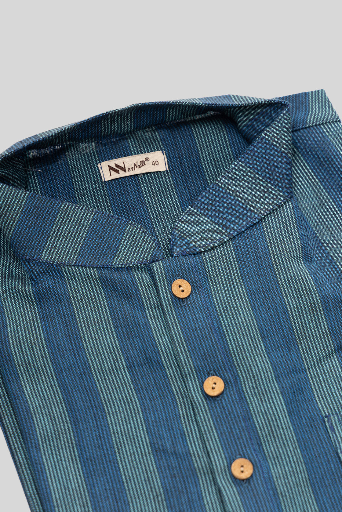 Detailed shot of Peacock Blue Pure Cotton Stripes Mens Kurta