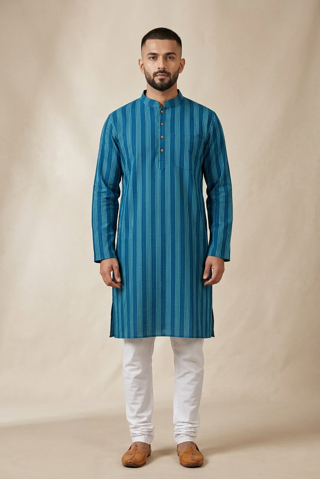 Peacock Blue Pure Cotton Stripes Mens Kurta