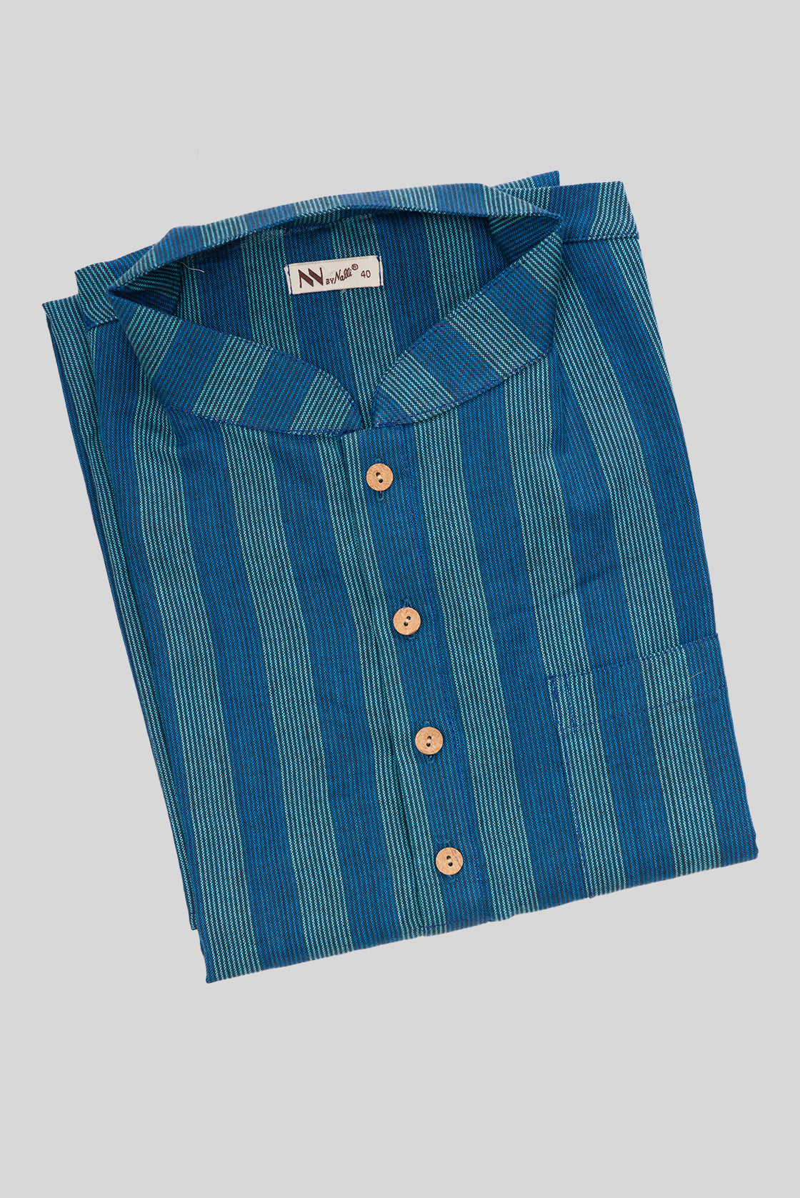 Close up blouse image of Peacock Blue Pure Cotton Stripes Mens Kurta