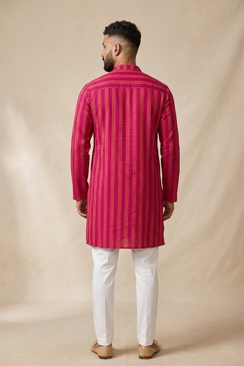 Pink Pure Silk Stripes Mens Kurta back image displayed on an AI model