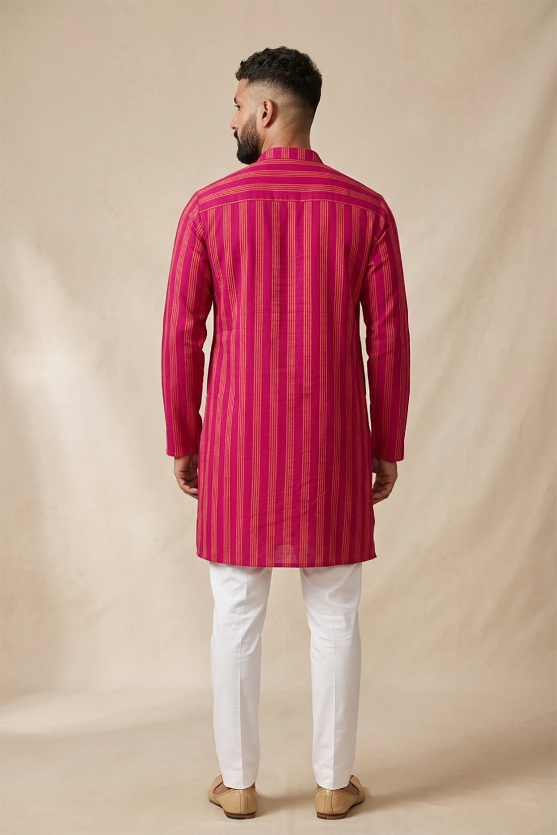 Pink Pure Silk Stripes Mens Kurta back image displayed on an AI model