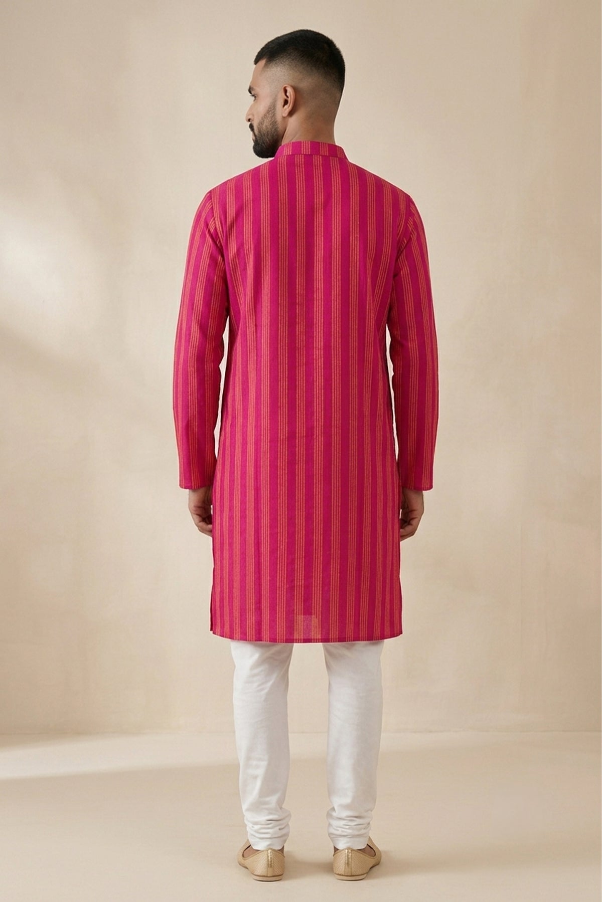 Pink Pure Cotton Stripes Mens Kurta