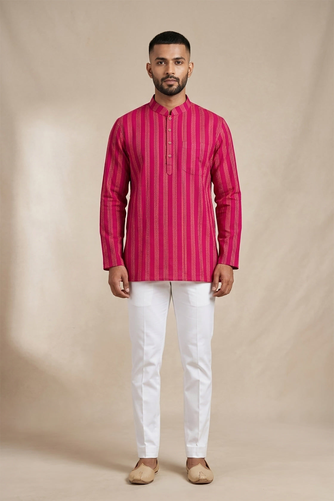 Pink Pure Silk Stripes Mens Kurta