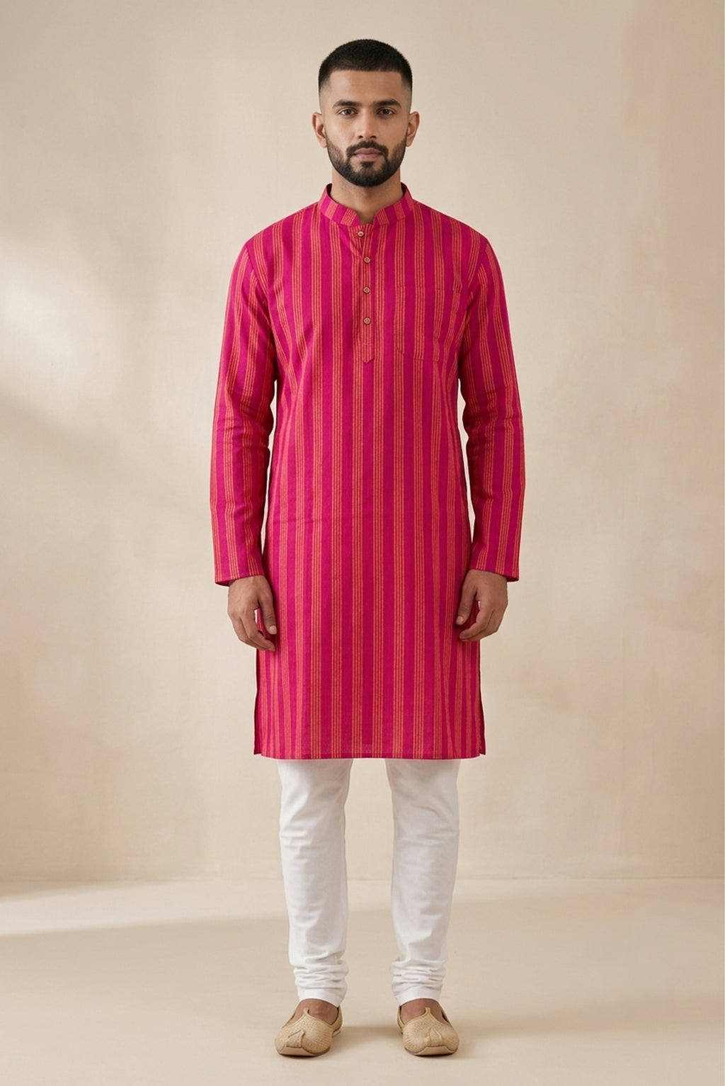 Pink Pure Cotton Stripes Mens Kurta