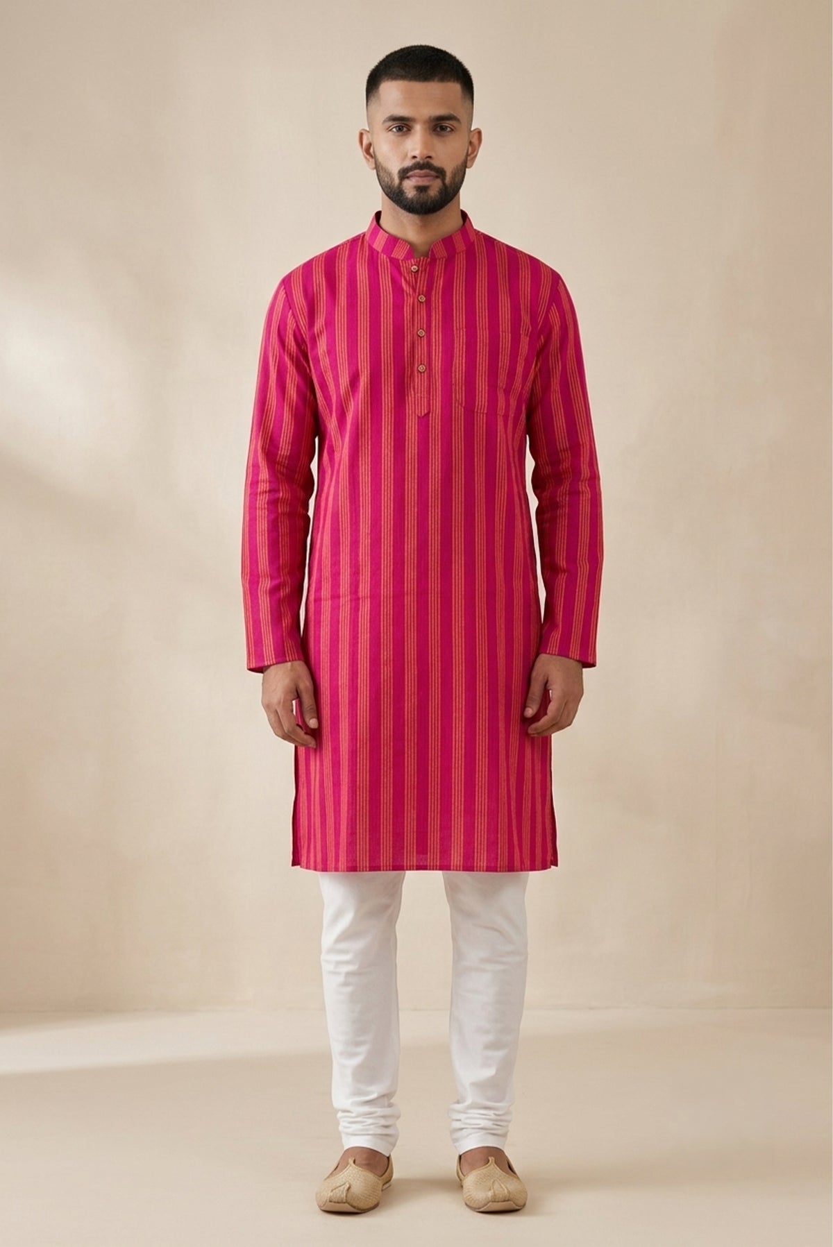 Pink Pure Cotton Stripes Mens Kurta
