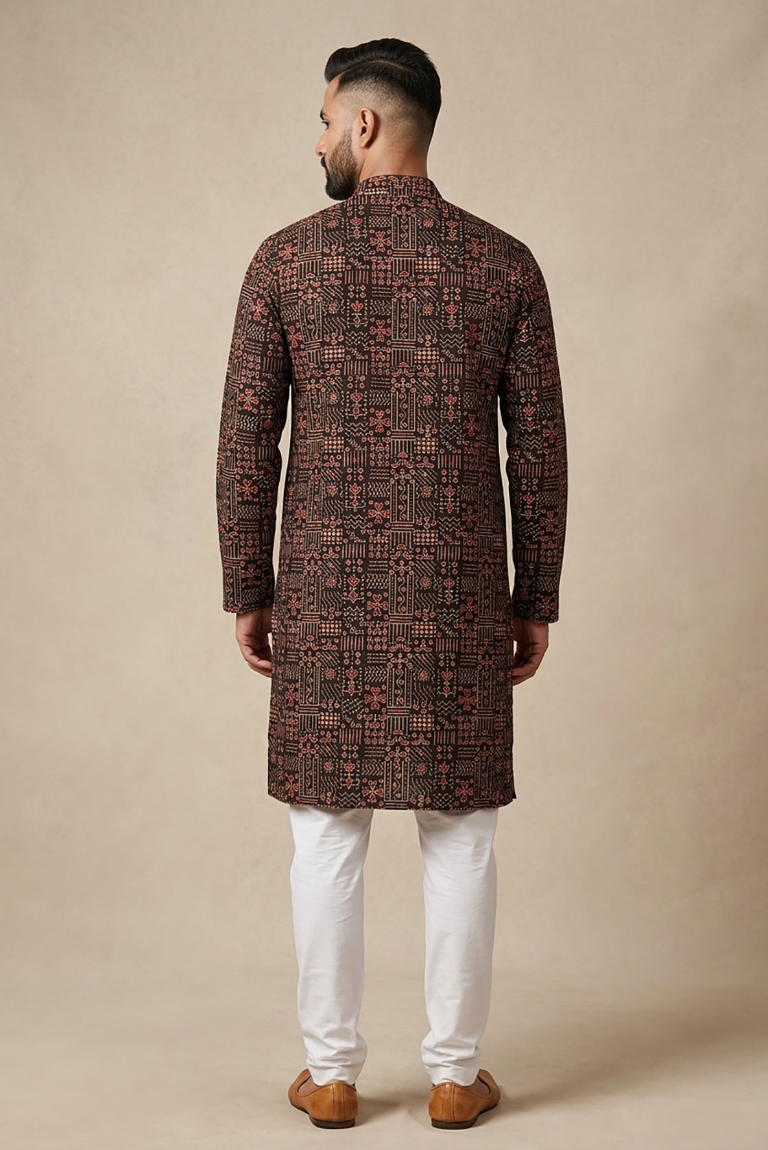 Black Pure Silk Printed Mens Kurta back image displayed on an AI model