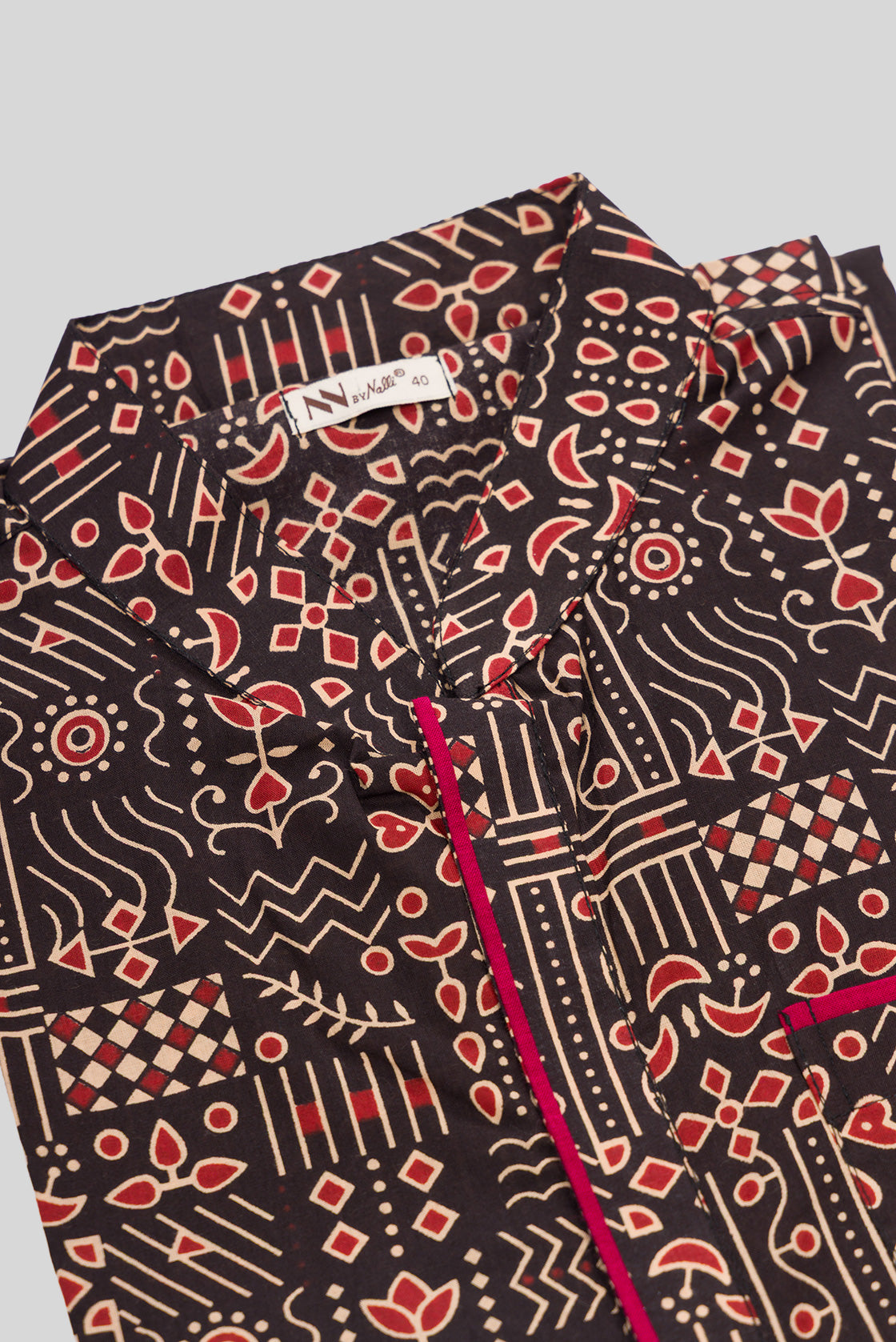 Detailed shot of Black Pure Silk Printed Mens Kurta