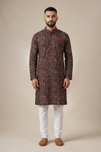 Black Pure Silk Printed Mens Kurta