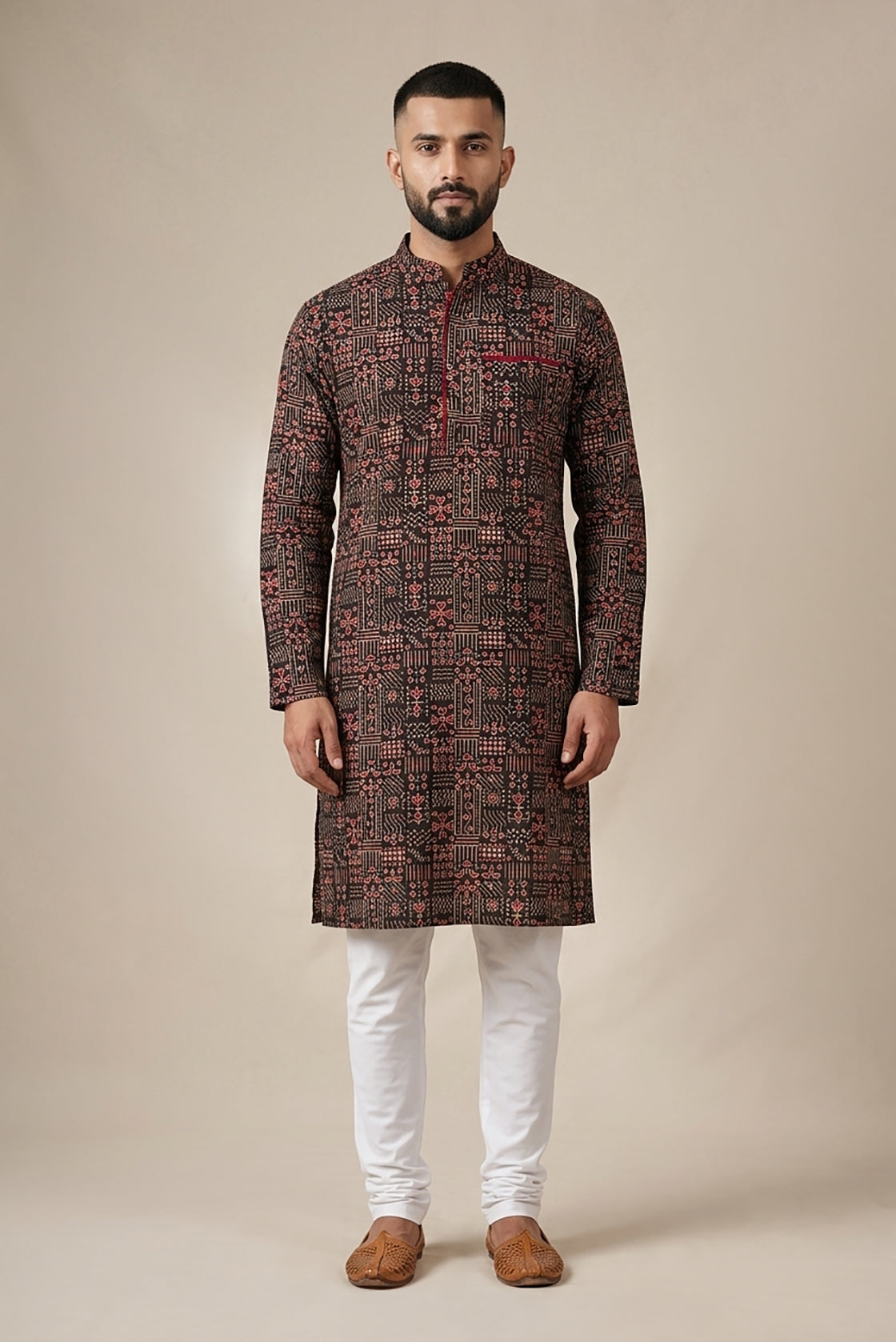 Black Pure Silk Printed Mens Kurta