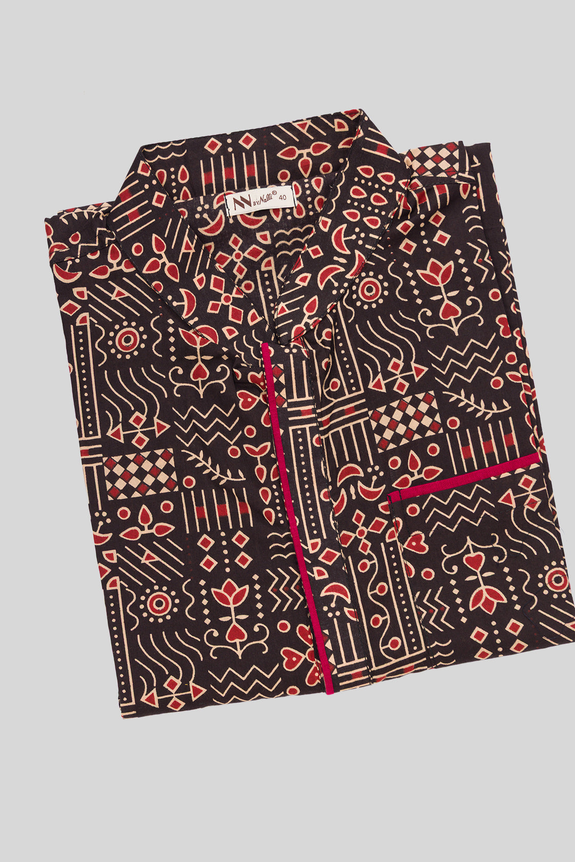 Close up blouse image of Black Pure Silk Printed Mens Kurta