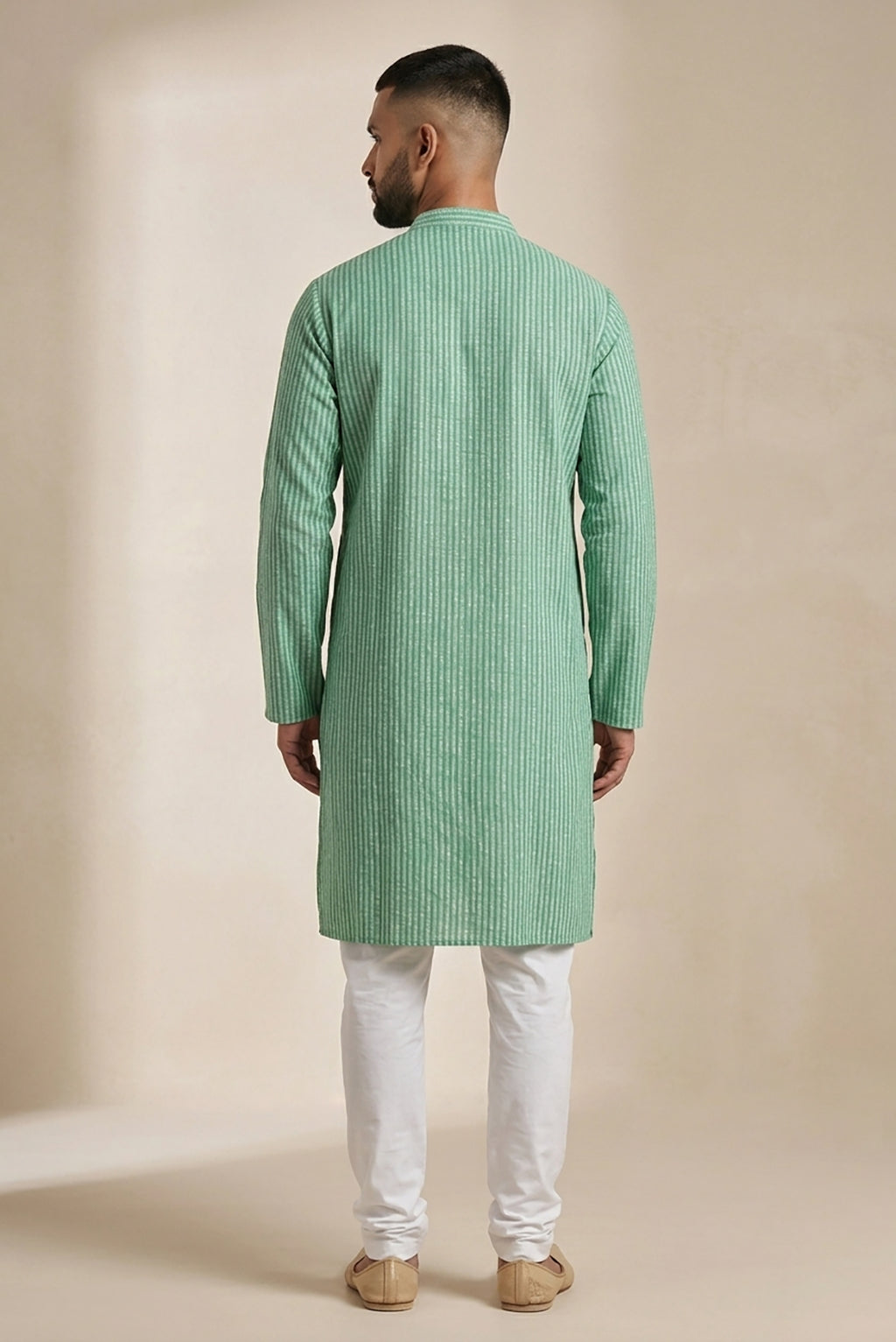 Light Green Pure Silk Stripes Mens Kurta back image displayed on an AI model