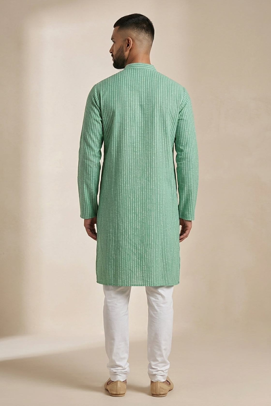 Light Green Pure Silk Stripes Mens Kurta back image displayed on an AI model