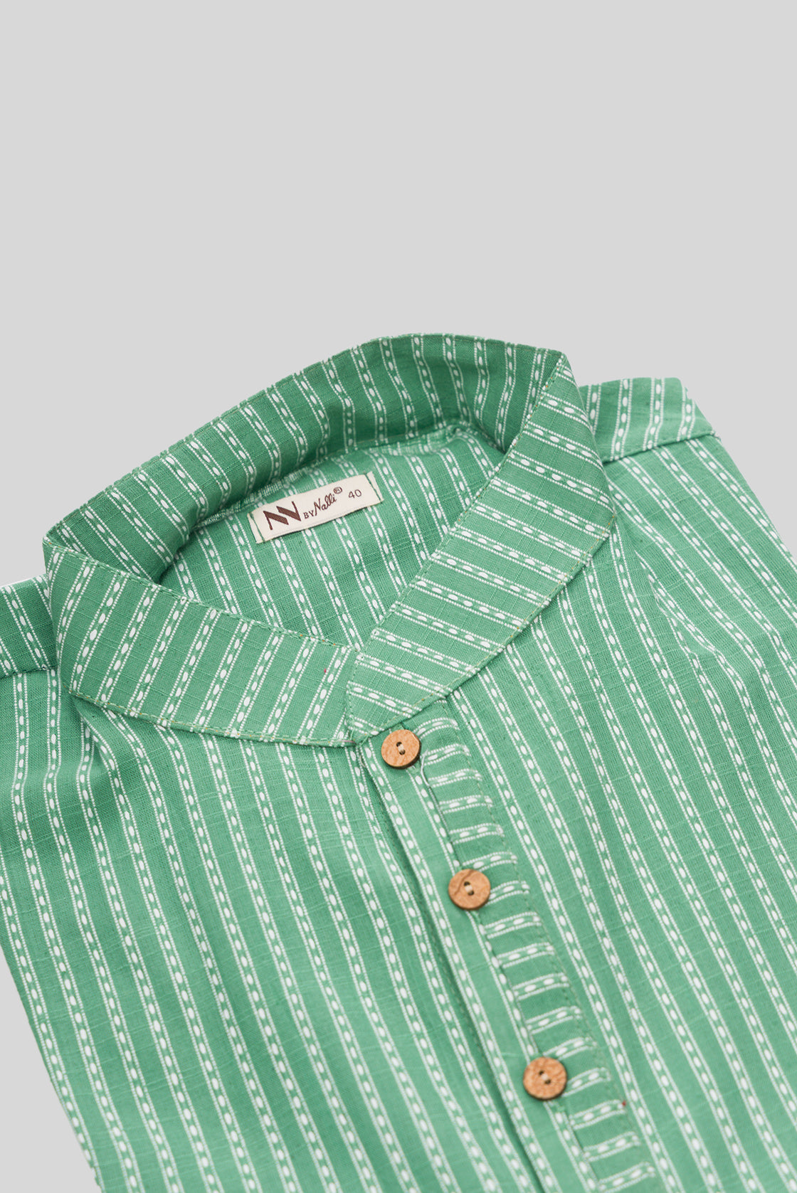 Detailed shot of Light Green Pure Silk Stripes Mens Kurta