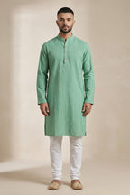 Light Green Pure Silk Stripes Mens Kurta