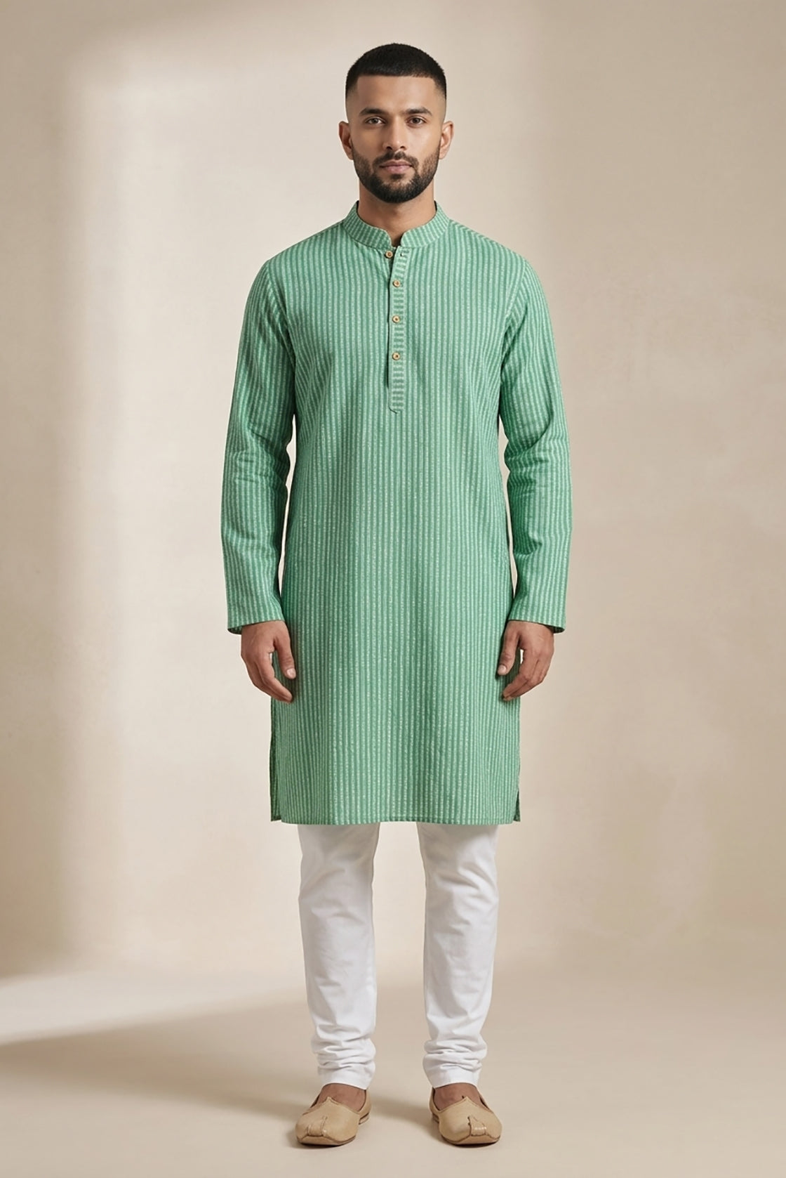 Light Green Pure Silk Stripes Mens Kurta