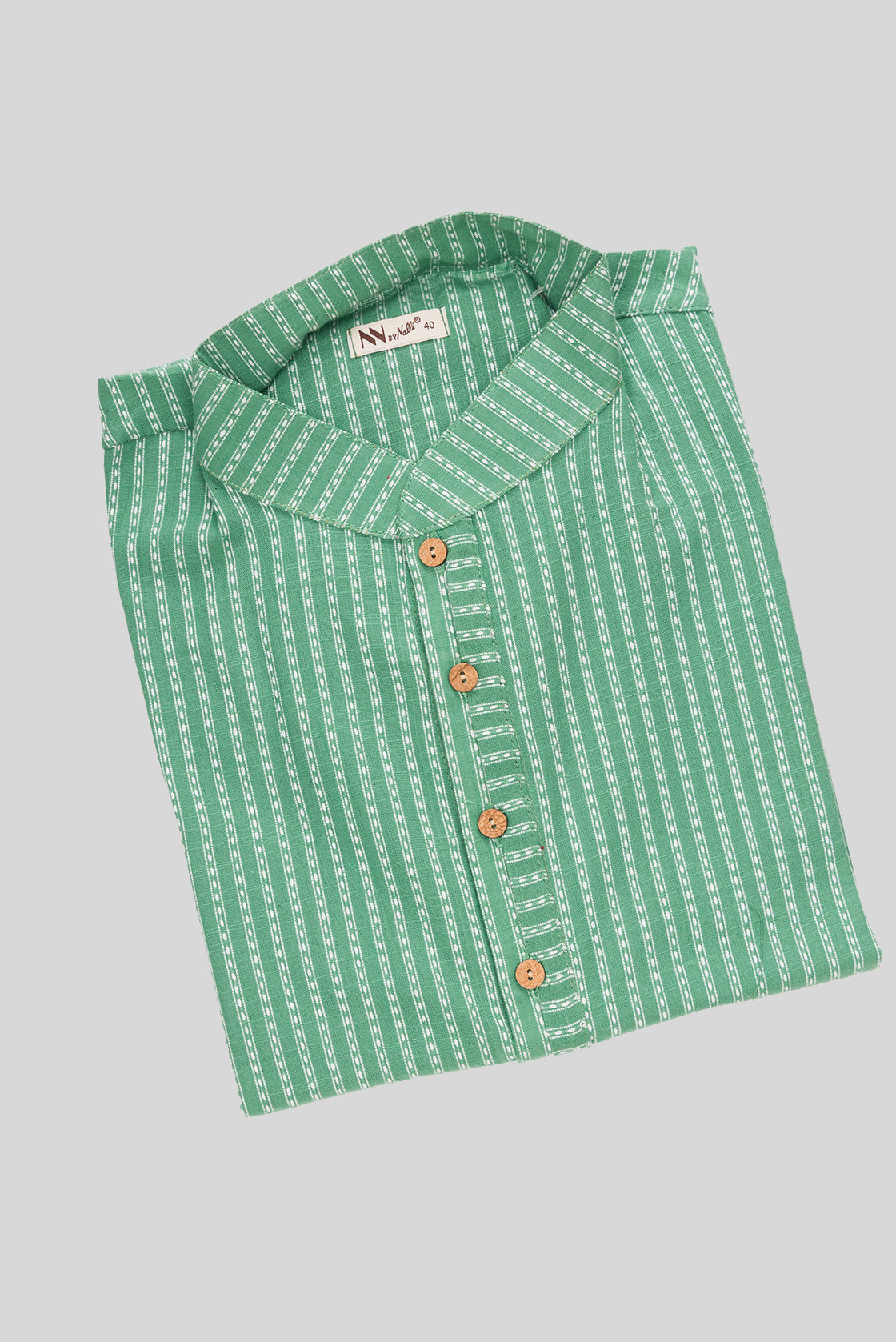 Close up blouse image of Light Green Pure Silk Stripes Mens Kurta