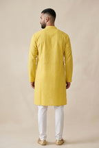 Yellow Pure Silk Stripes Mens Kurta back image displayed on an AI model