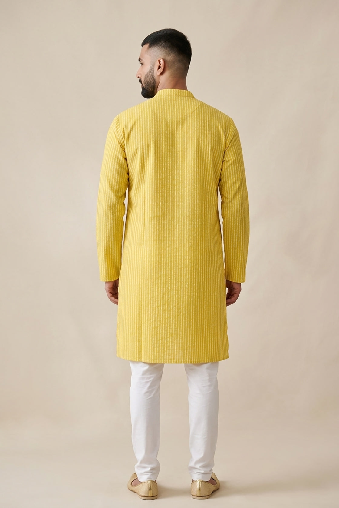 Yellow Pure Silk Stripes Mens Kurta back image displayed on an AI model