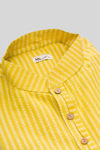 Detailed shot of Yellow Pure Silk Stripes Mens Kurta