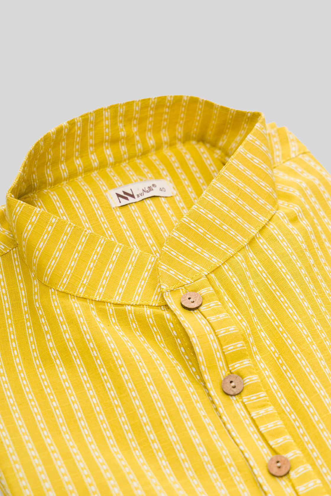 Detailed shot of Yellow Pure Silk Stripes Mens Kurta