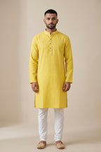 Yellow Pure Silk Stripes Mens Kurta