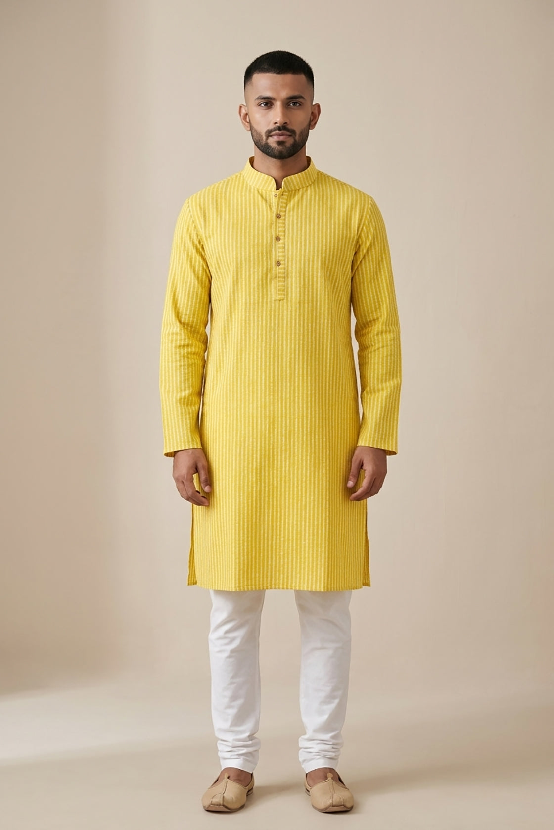 Yellow Pure Silk Stripes Mens Kurta