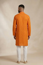 Mustard Pure Silk Stripes Mens Kurta back image displayed on an AI model