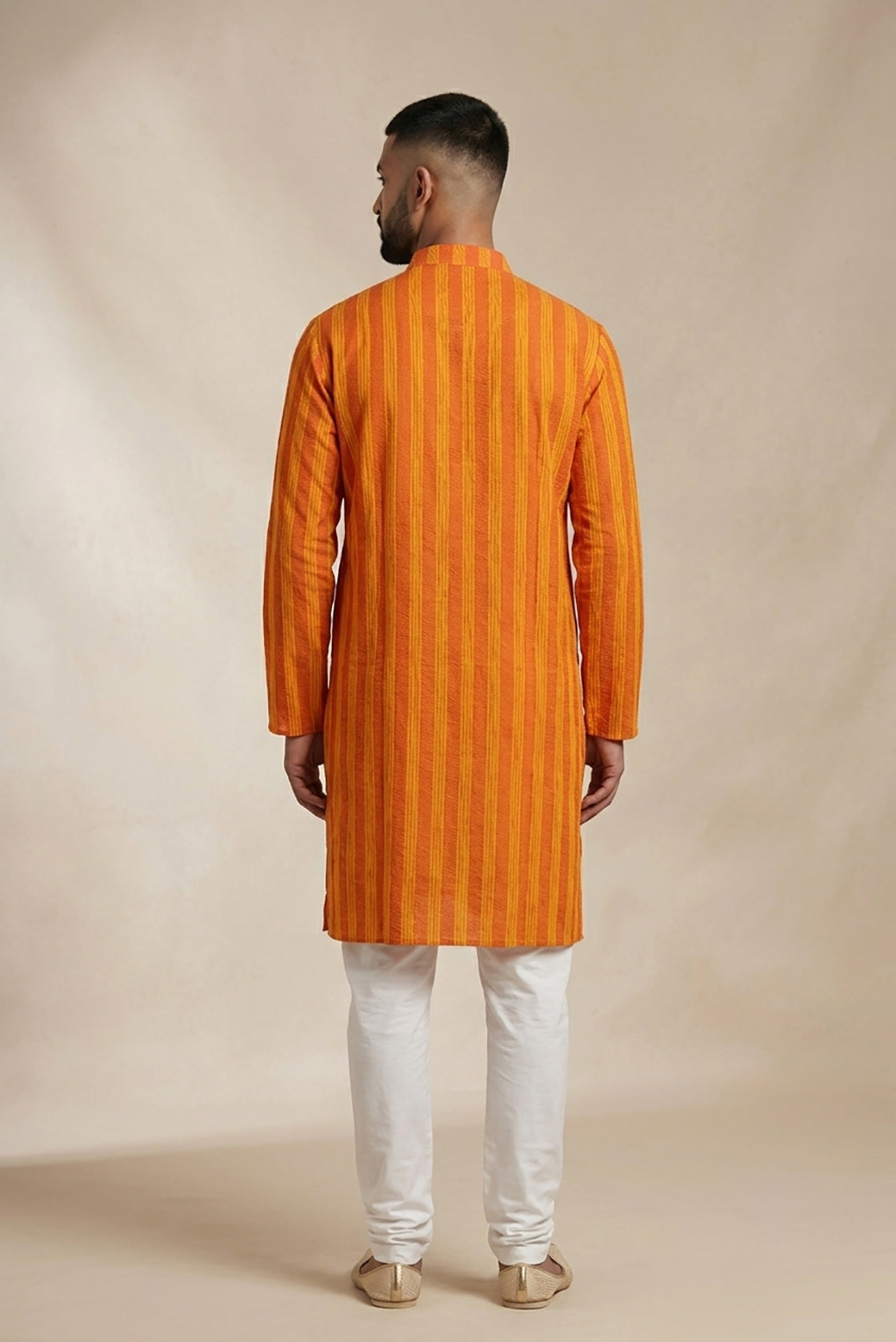 Mustard Pure Silk Stripes Mens Kurta back image displayed on an AI model