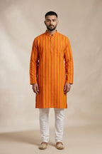 Mustard Pure Silk Stripes Mens Kurta