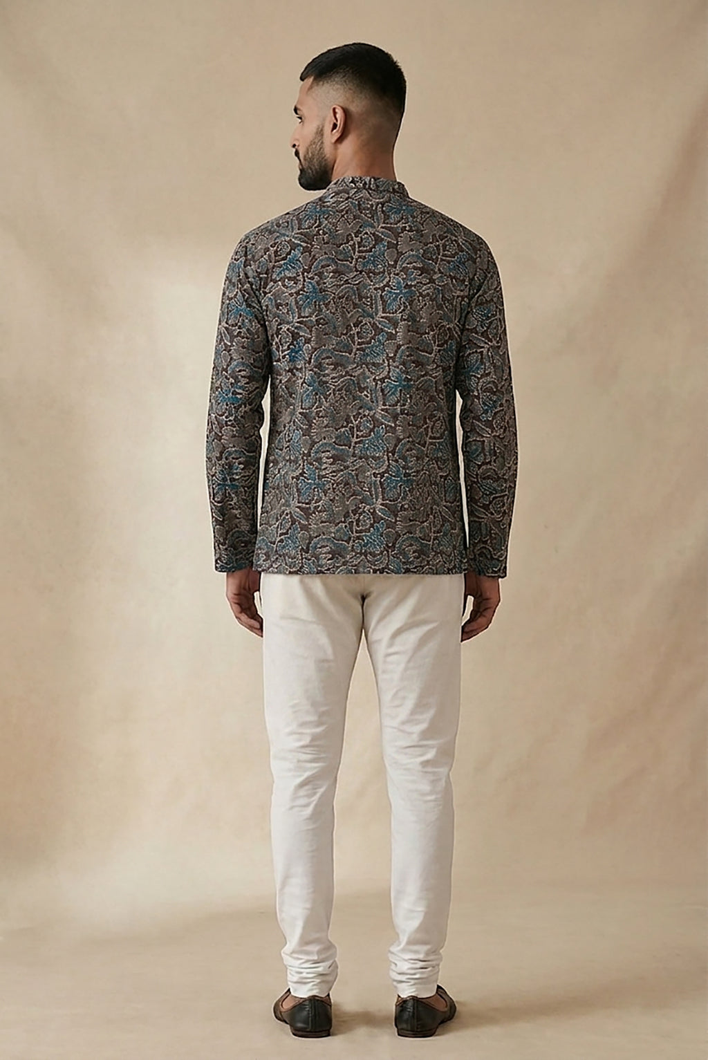 Black Pure Cotton Printed Mens Kurta back image displayed on an AI model