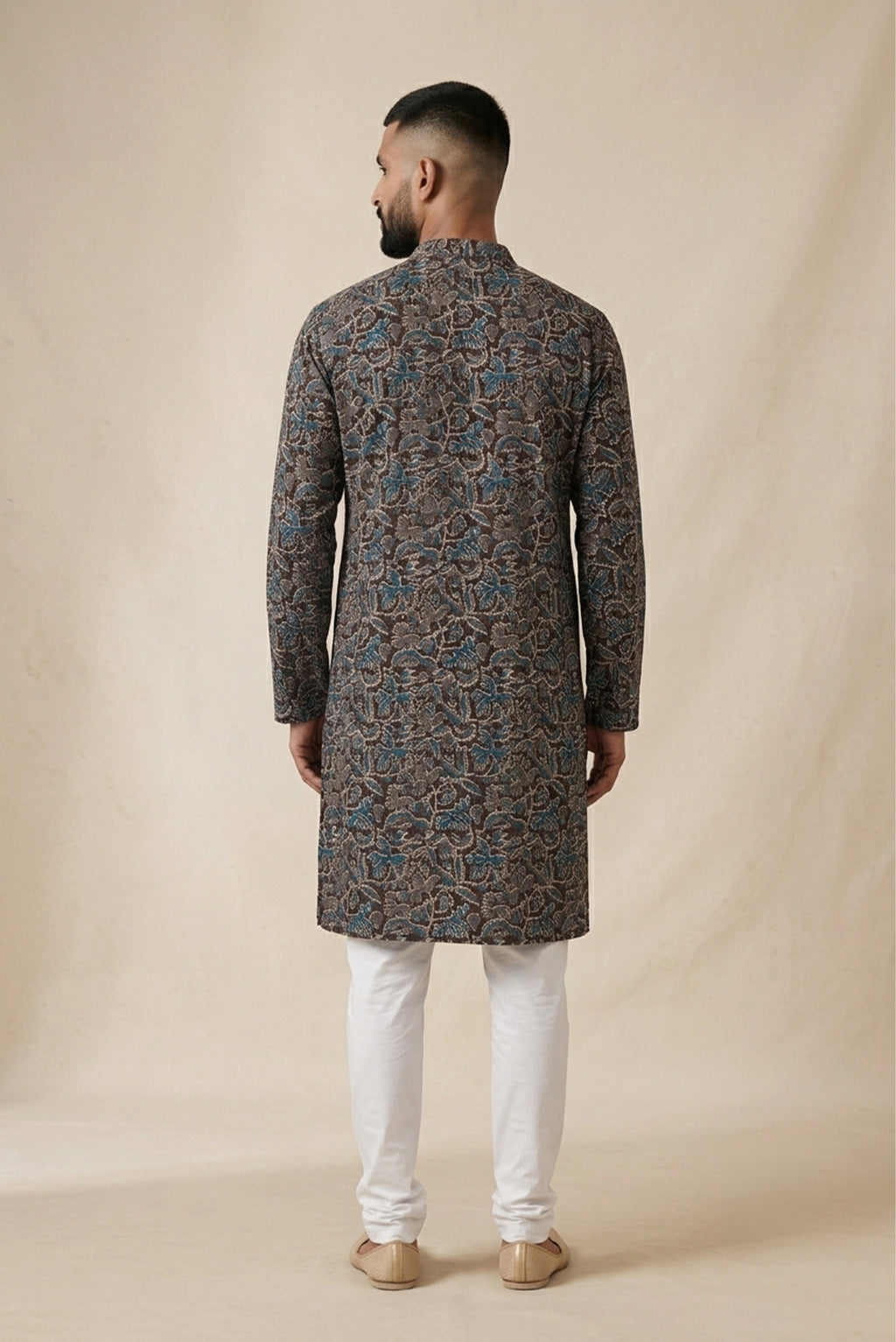 Black Pure Cotton Printed Mens Kurta