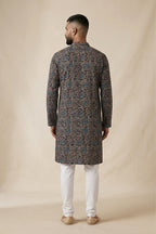 Black Pure Cotton Printed Mens Kurta