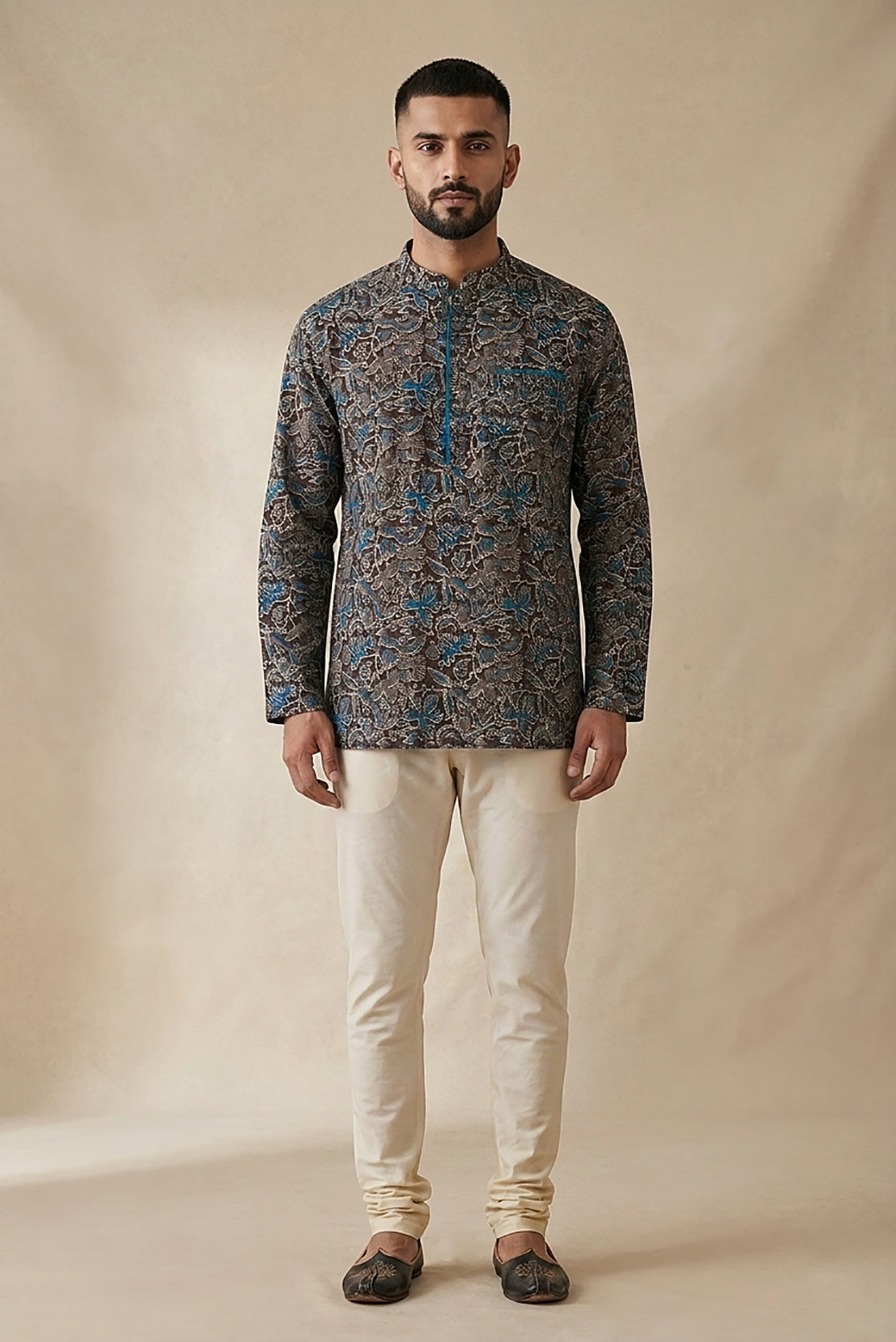 Black Pure Cotton Printed Mens Kurta