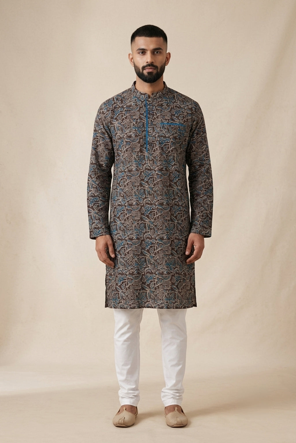 Black Pure Cotton Printed Mens Kurta