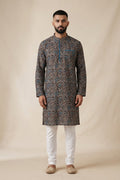 Black Pure Cotton Printed Mens Kurta