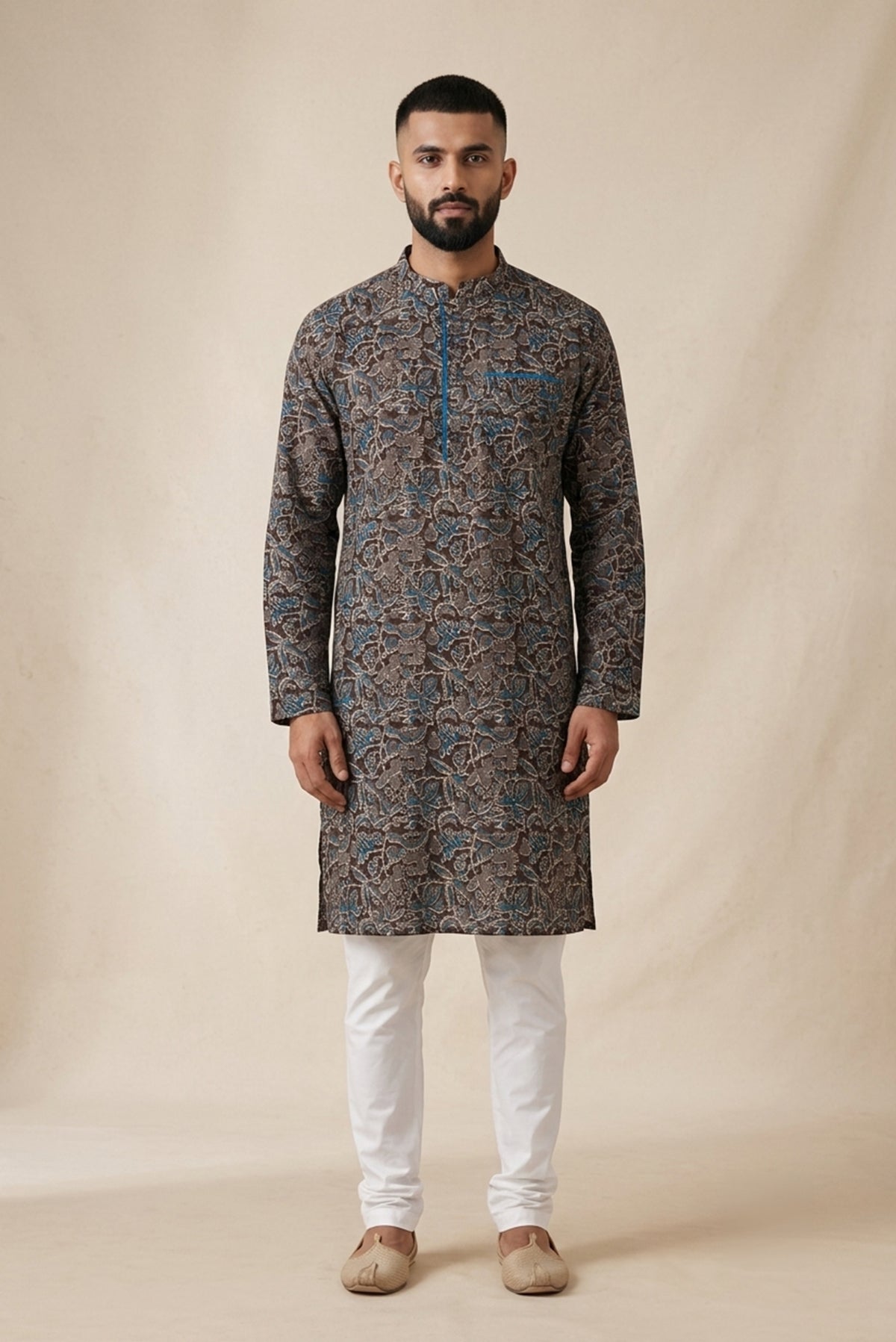 Black Pure Cotton Printed Mens Kurta