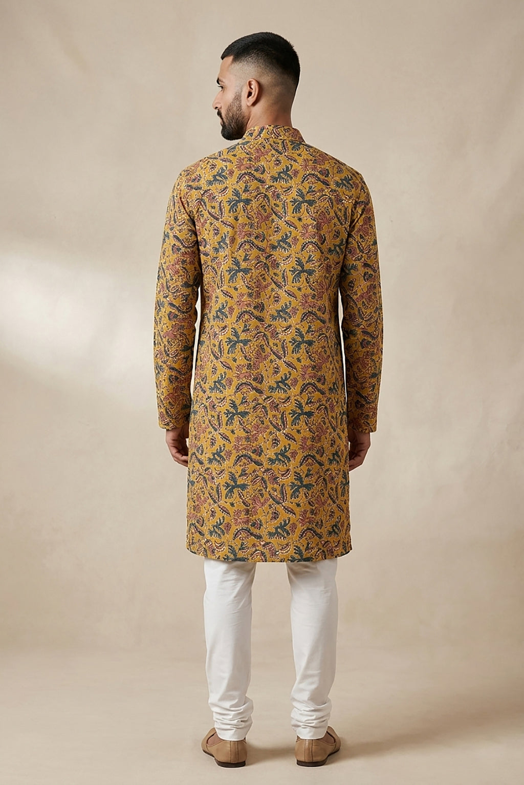 Mustard Pure Cotton Printed Mens Kurta back image displayed on an AI model
