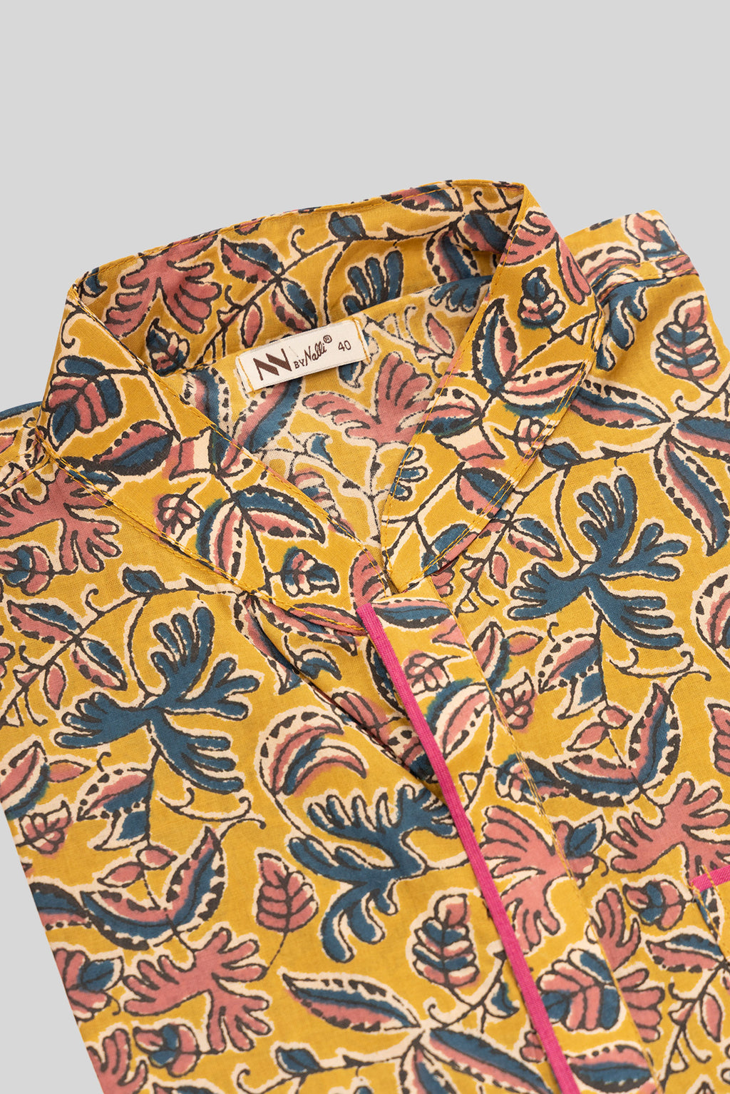 Detailed shot of Mustard Pure Cotton Printed Mens Kurta
