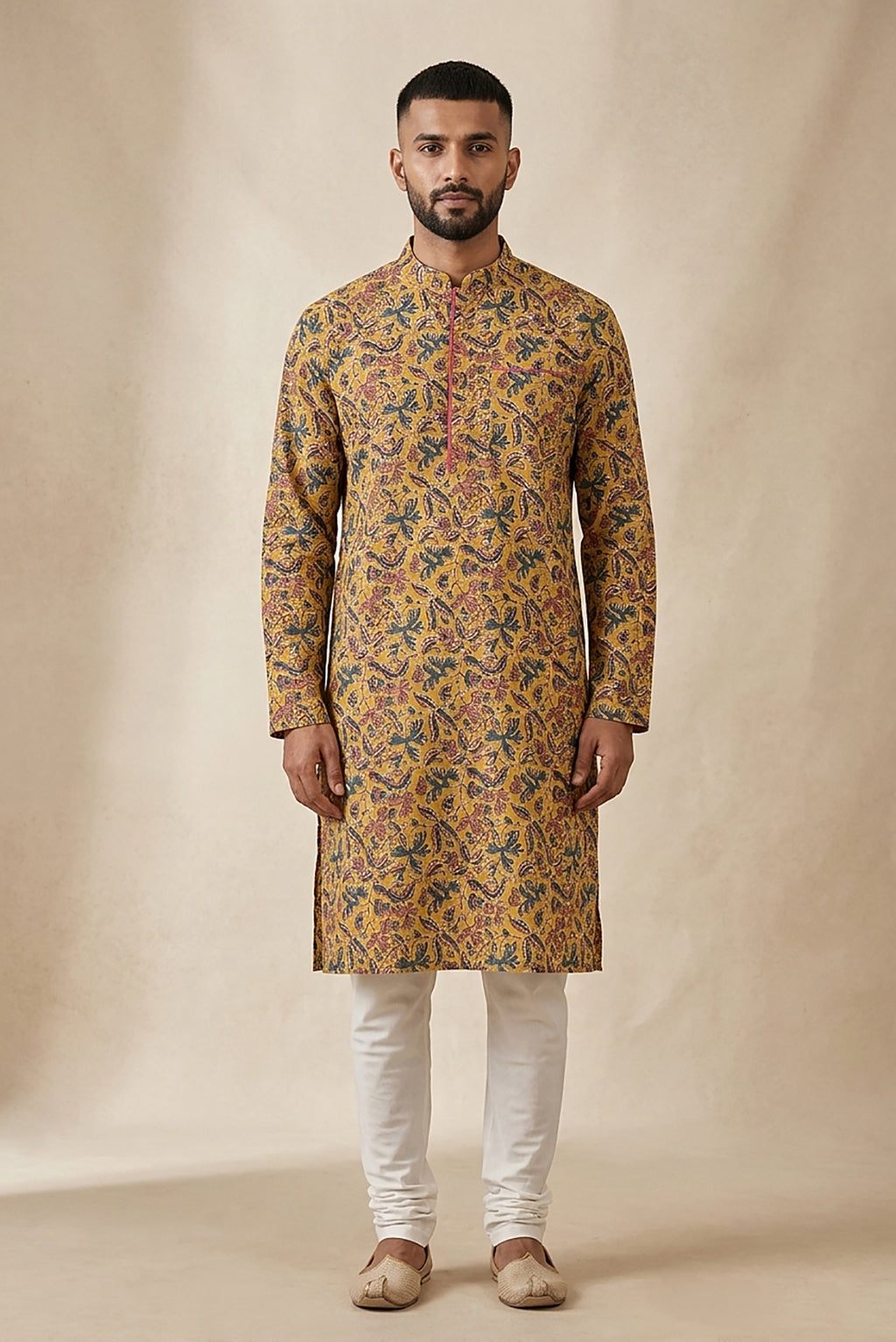 Mustard Pure Cotton Printed Mens Kurta