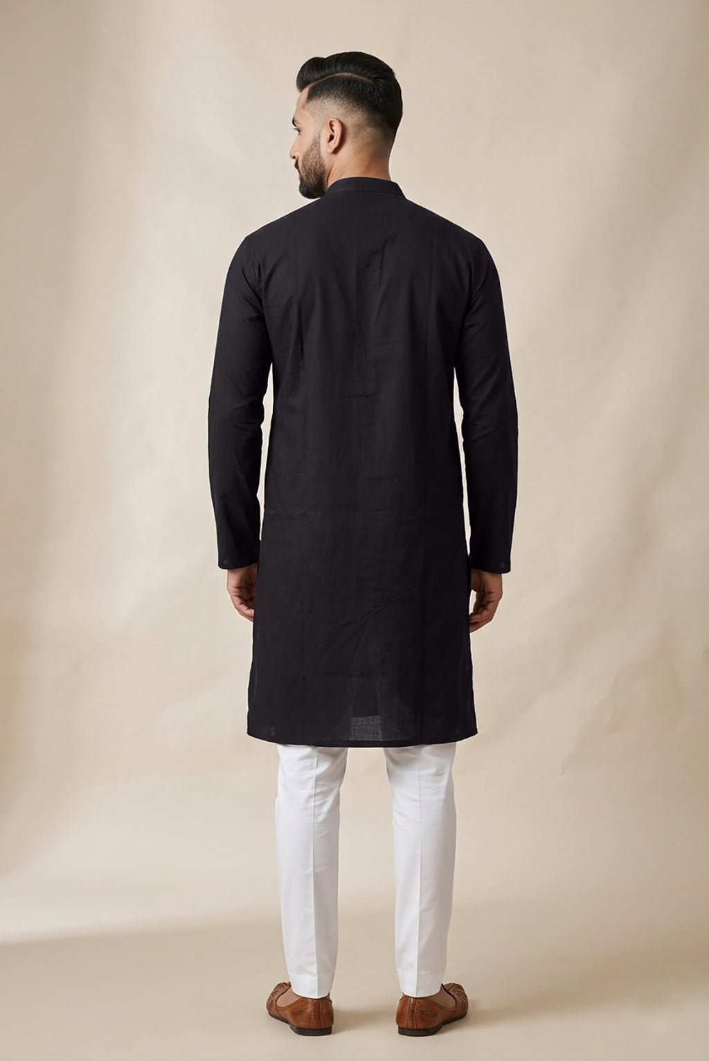 Black Pure Cotton Plain Body Mens Kurta back image displayed on an AI model