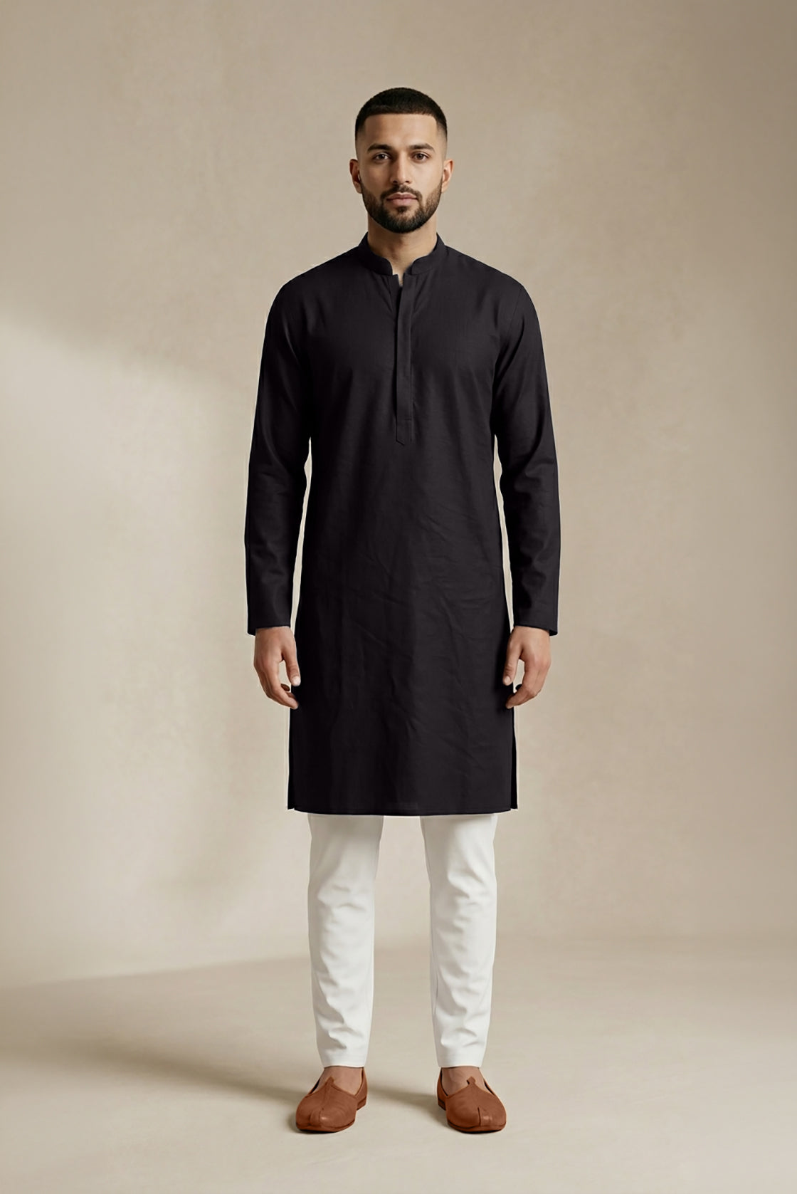 Black Pure Cotton Plain Body Mens Kurta
