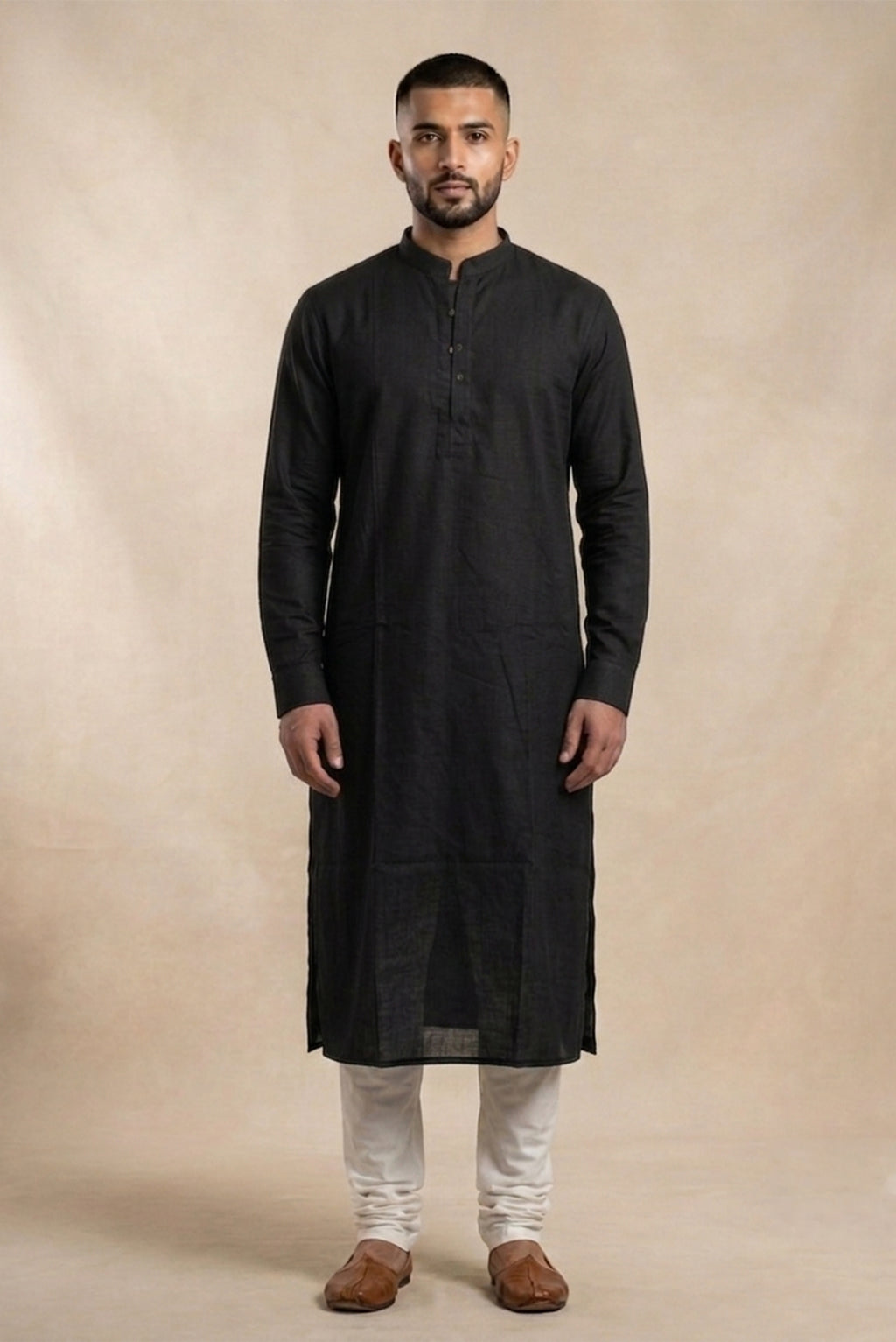 Black Pure Cotton Plain Body Mens Kurta