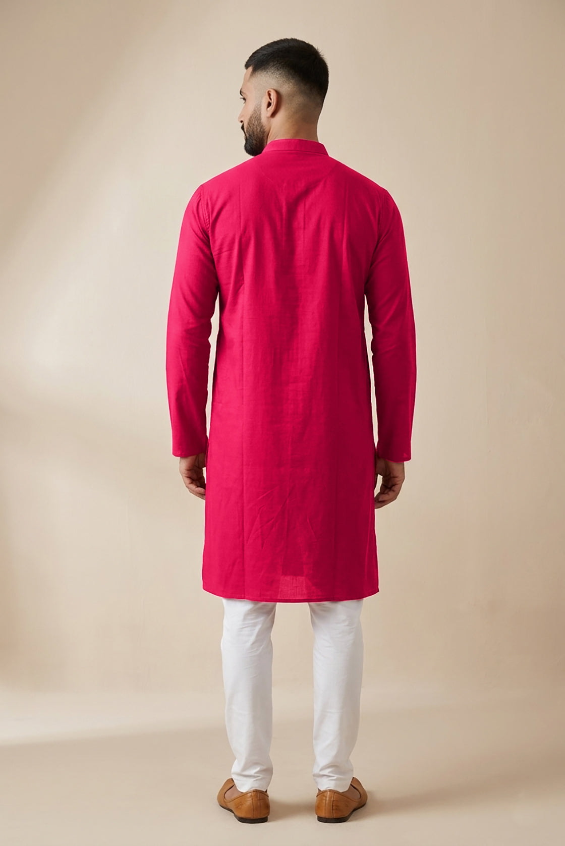 Pink Pure Silk Plain Body Mens Kurta back image displayed on an AI model