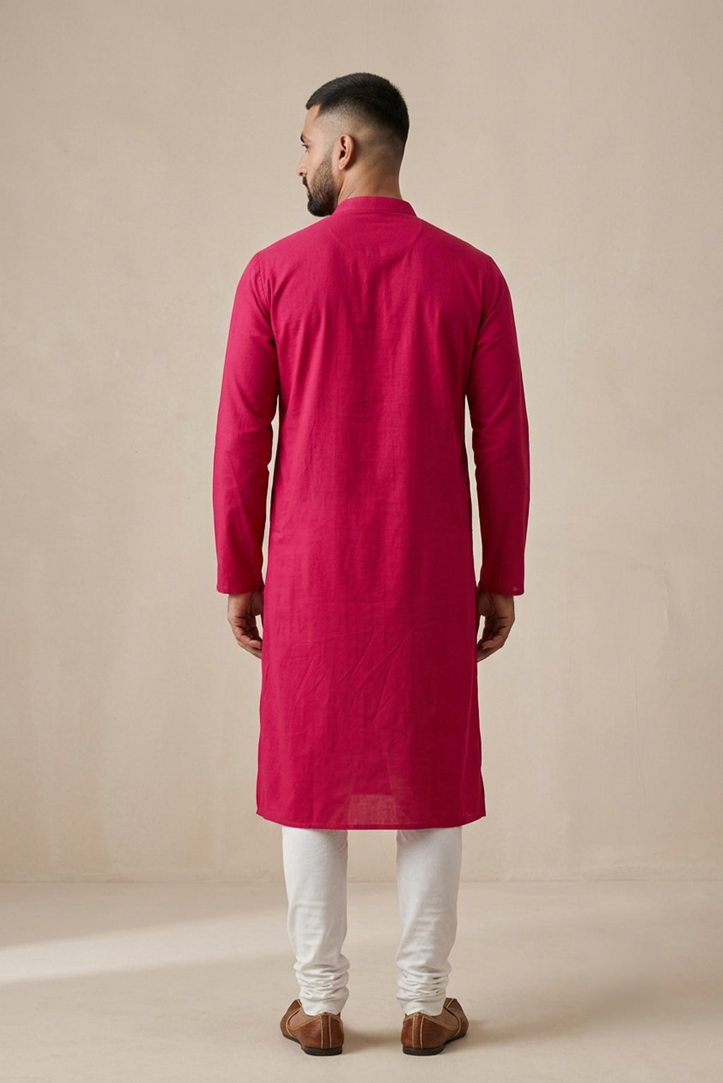 Dark Pink Pure Cotton Plain Body Mens Kurta