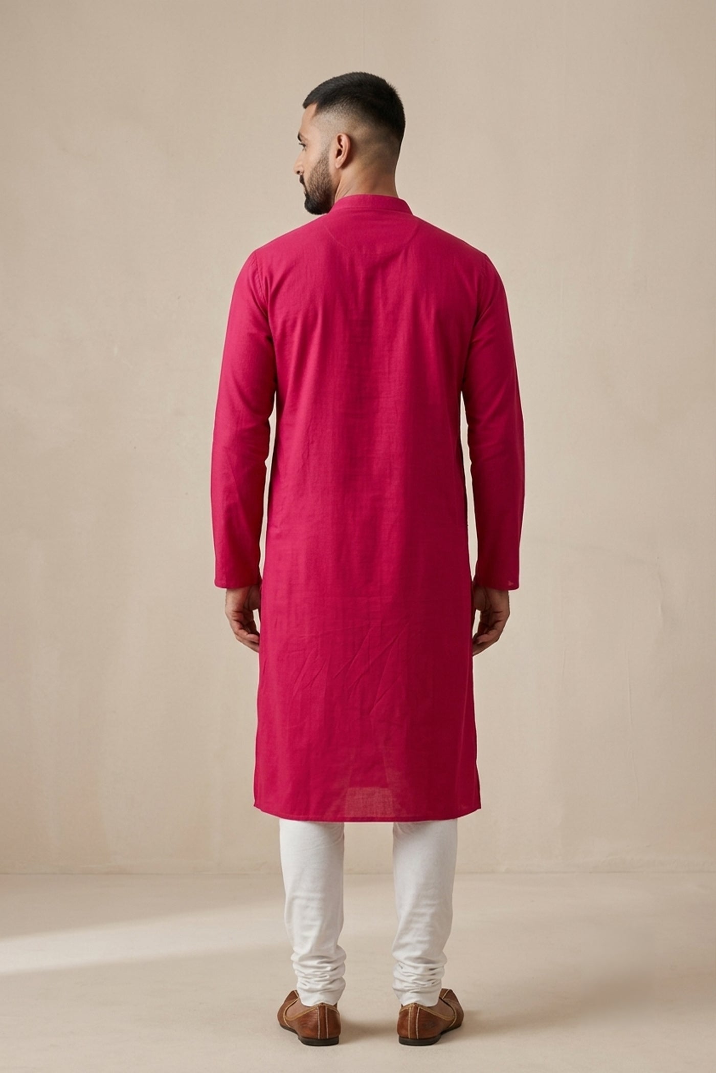 Dark Pink Pure Cotton Plain Body Mens Kurta