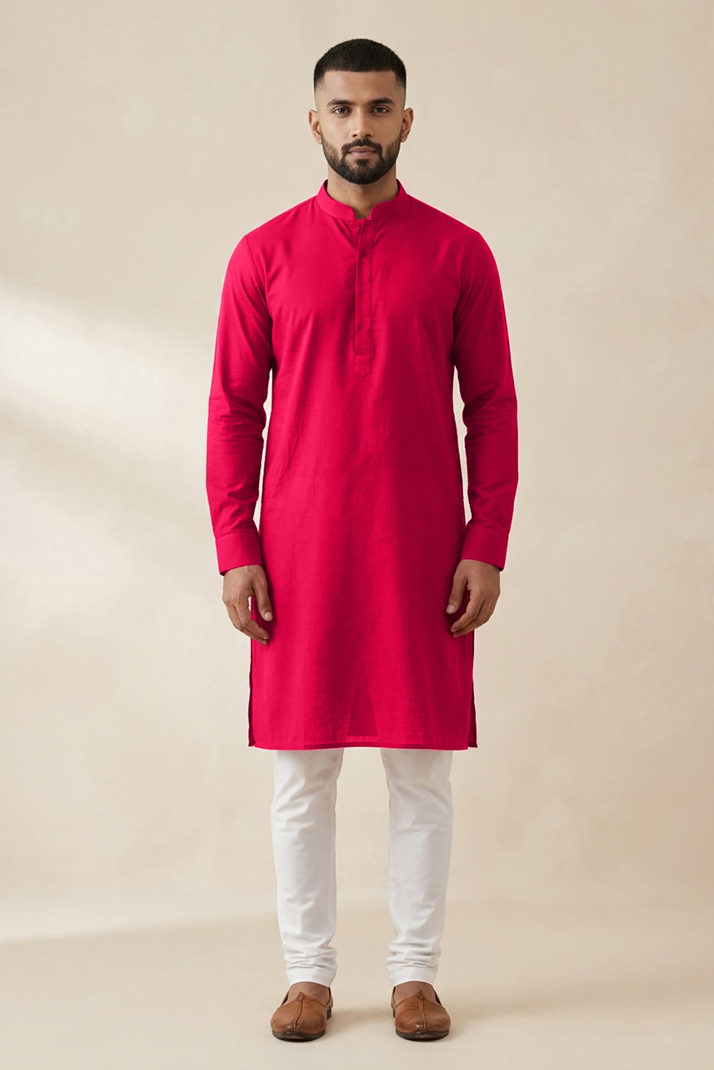 Pink Pure Silk Plain Body Mens Kurta