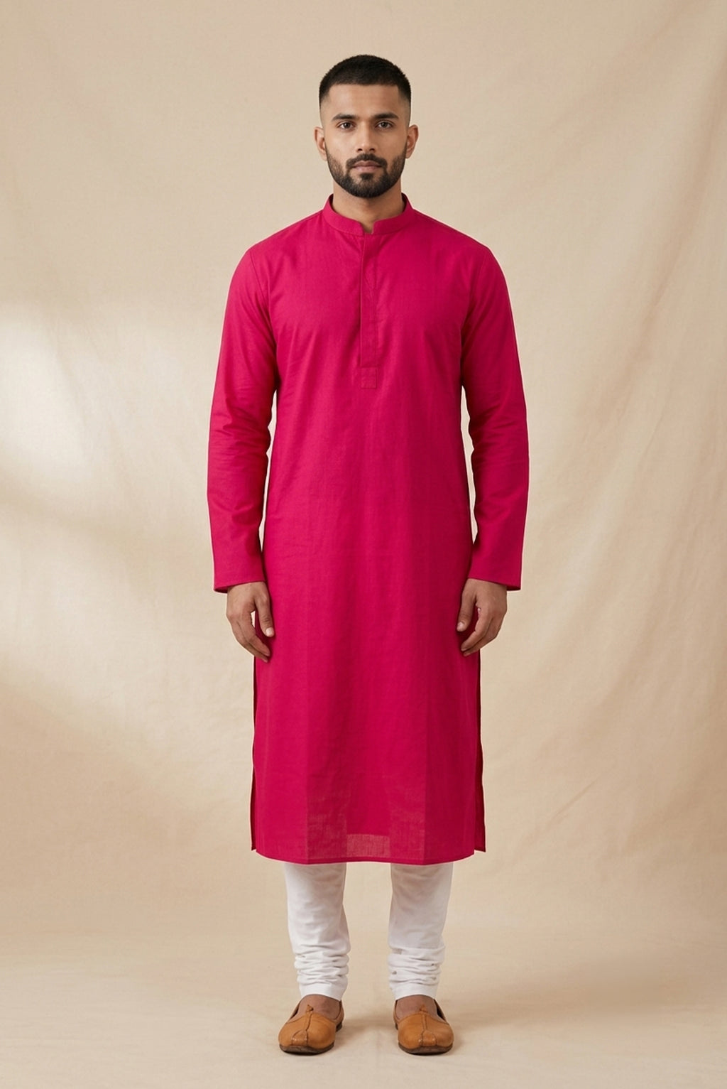 Dark Pink Pure Cotton Plain Body Mens Kurta