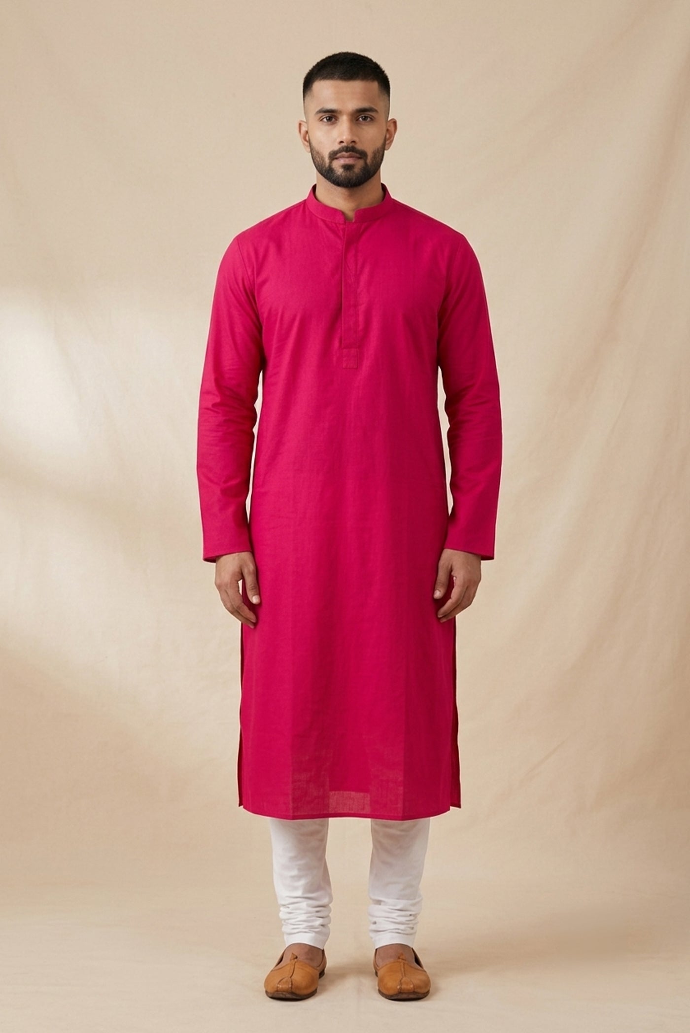 Dark Pink Pure Cotton Plain Body Mens Kurta