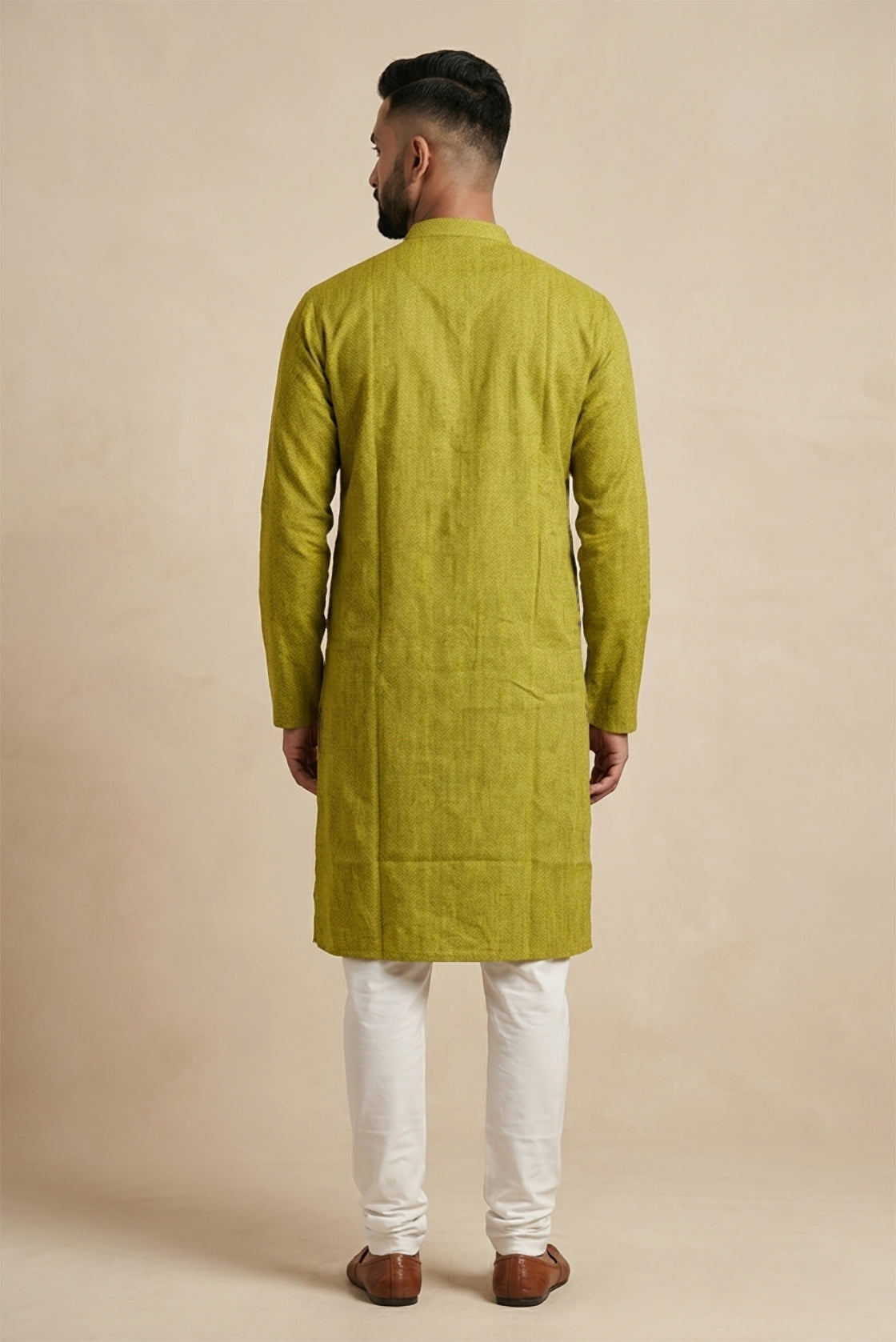 Black Pure Silk Plain Body Mens Kurta back image displayed on an AI model