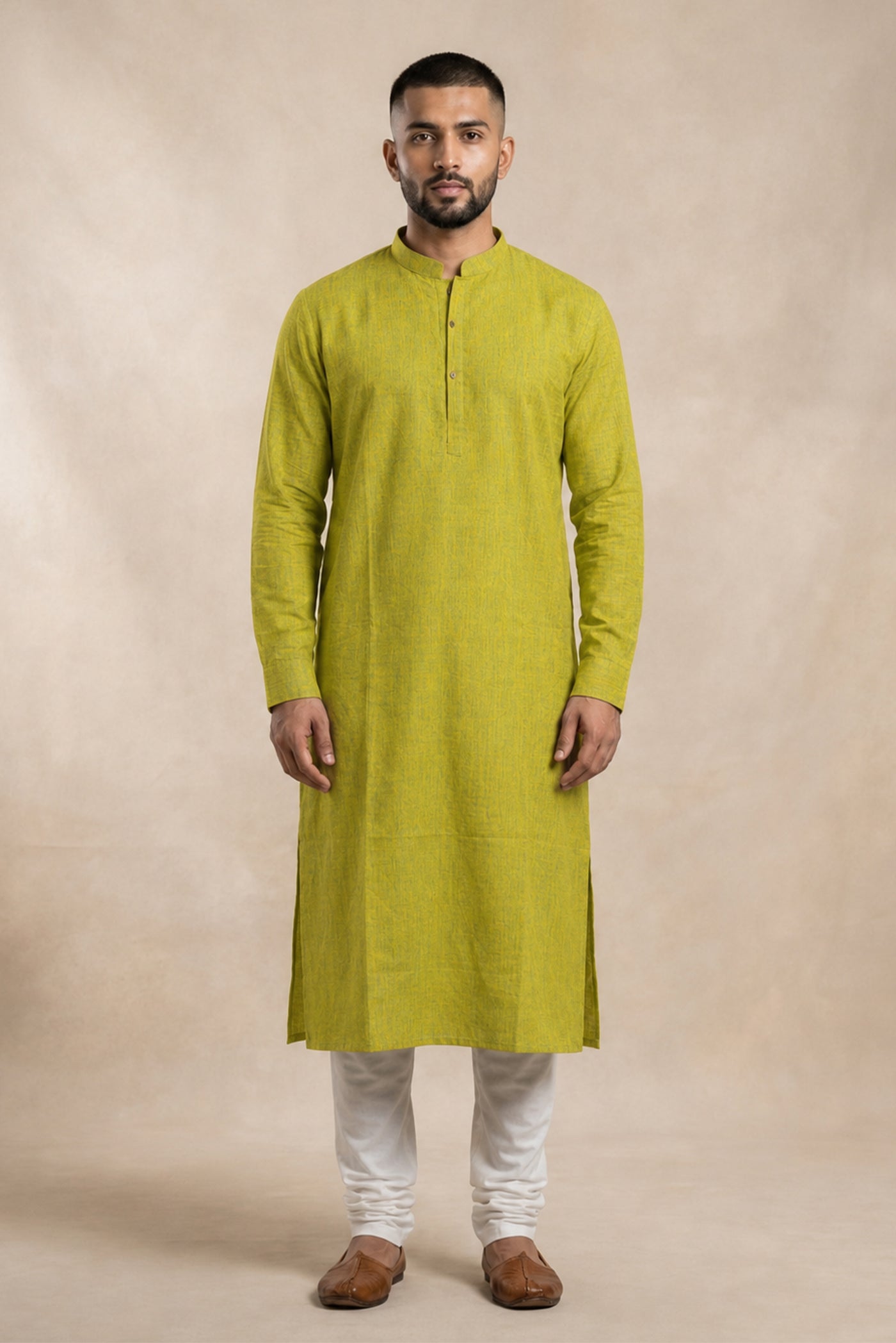 Acid Green Pure Cotton Plain Body Mens Kurta